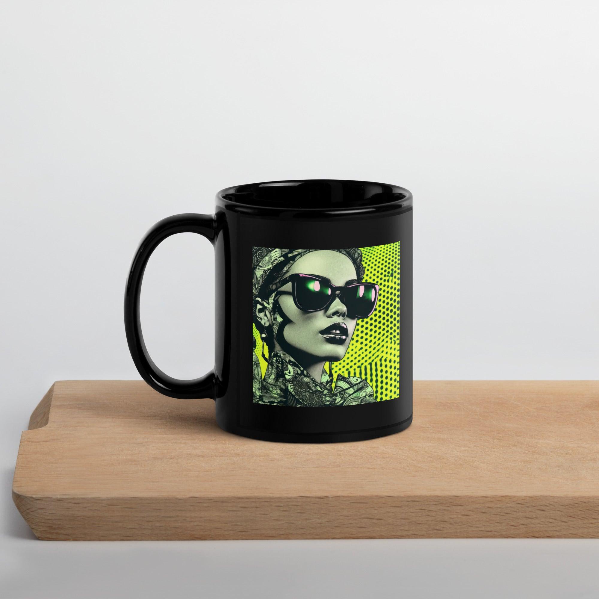 Artistic black coffee mug featuring vibrant doodle patterns.