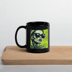 Artistic black coffee mug featuring vibrant doodle patterns.