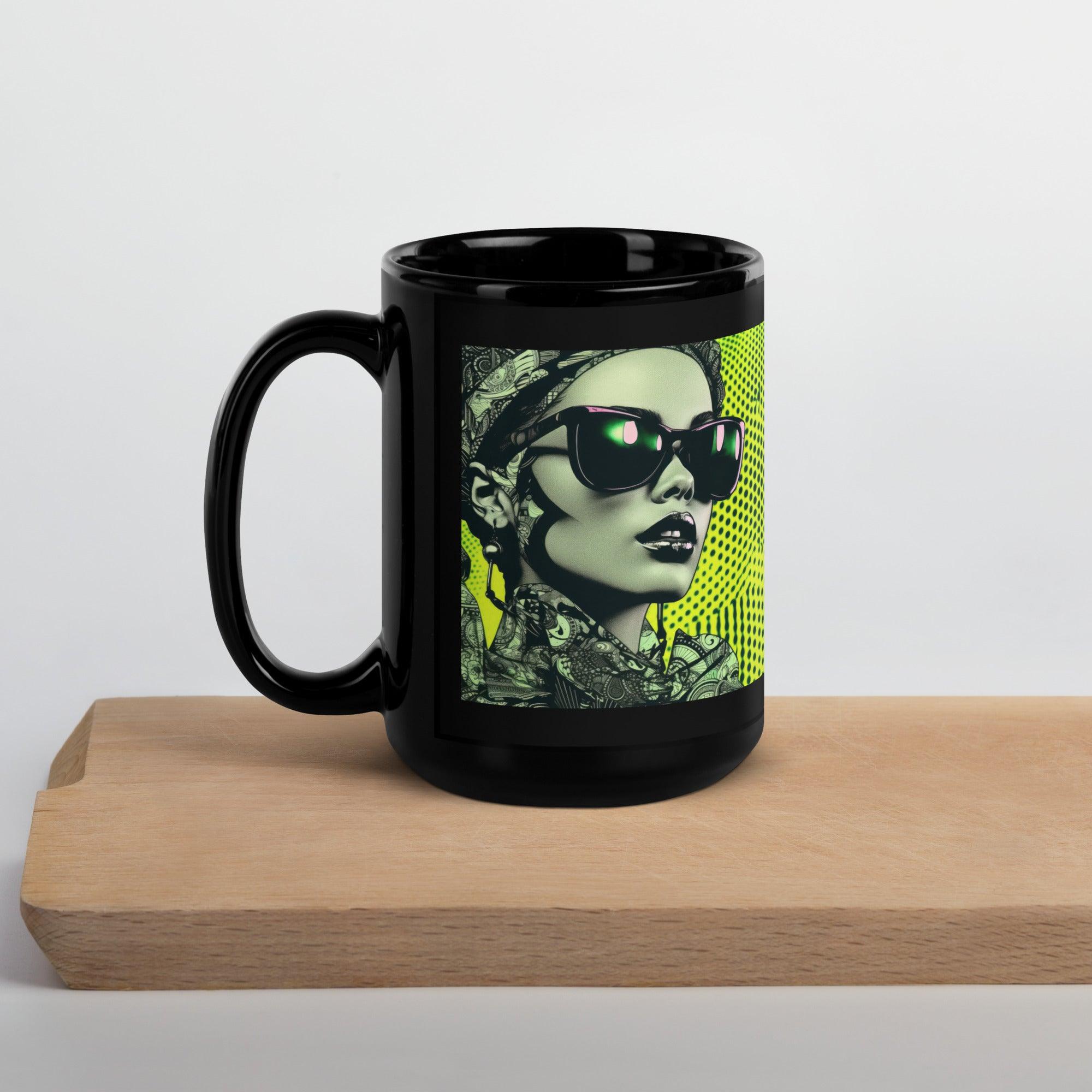 Close-up of a black glossy mug with abstract doodle artwork.
