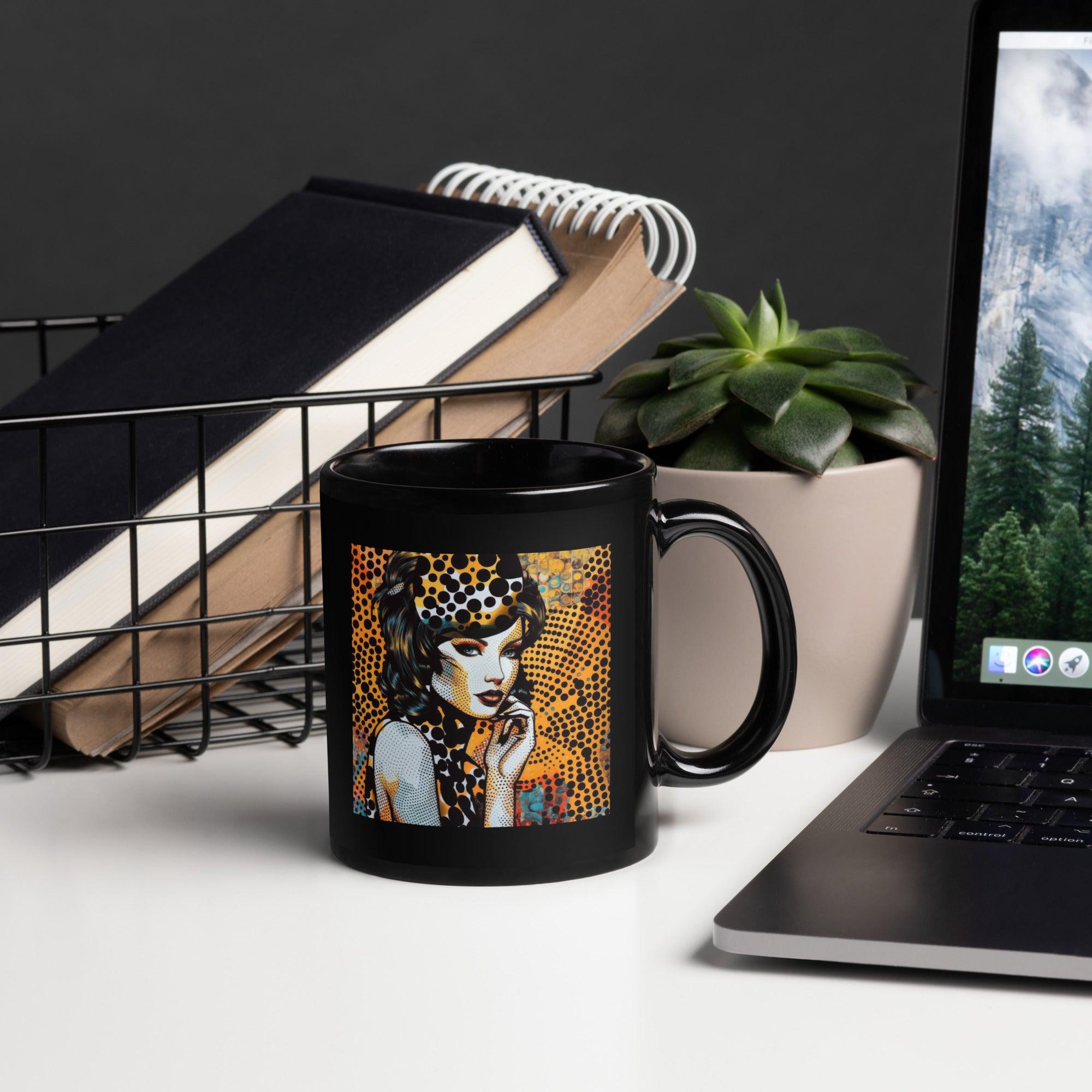 Doodle Domain black glossy mug front view with art design.
