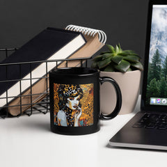 Doodle Domain black glossy mug front view with art design.