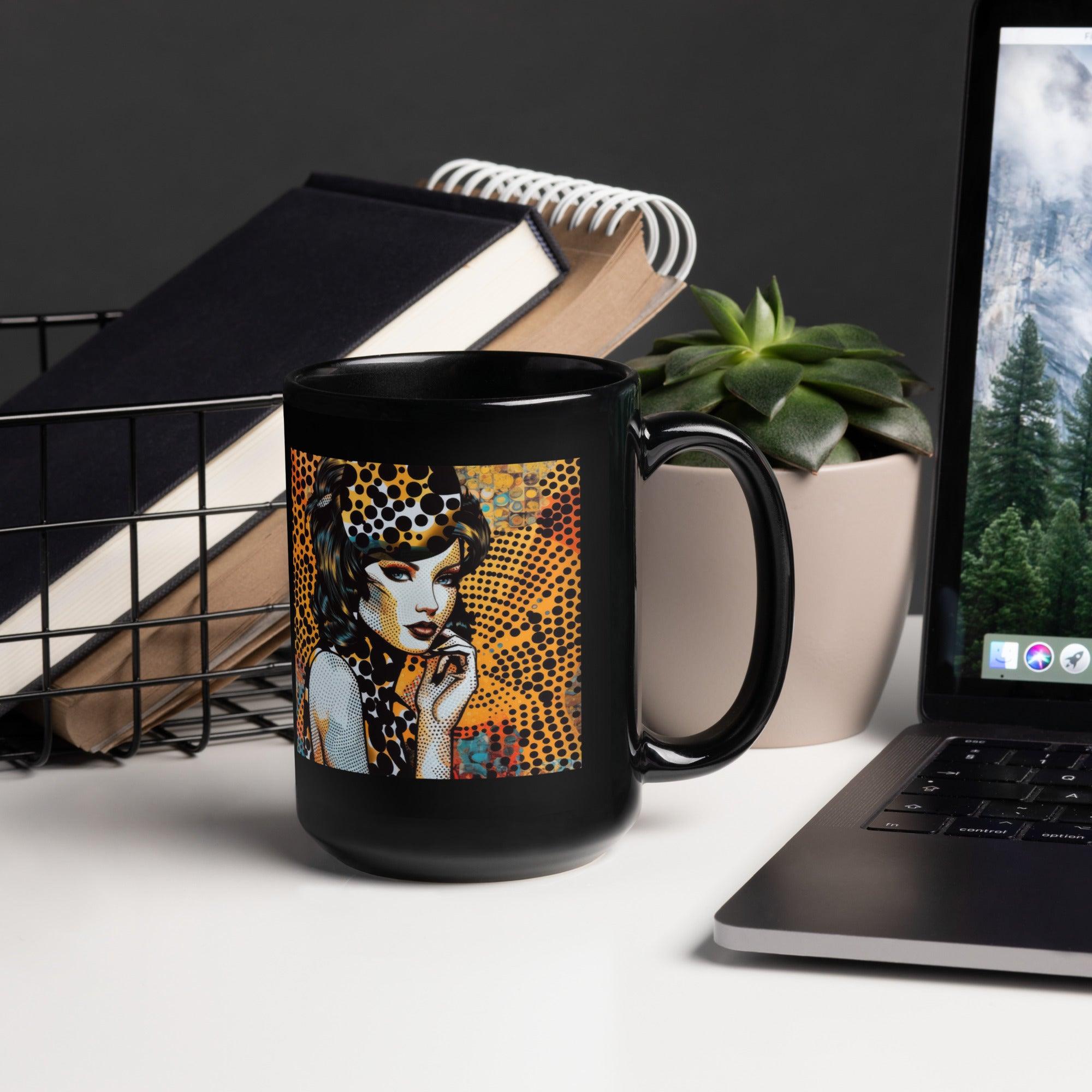 Close-up of Doodle Domain black glossy mug handle and art.