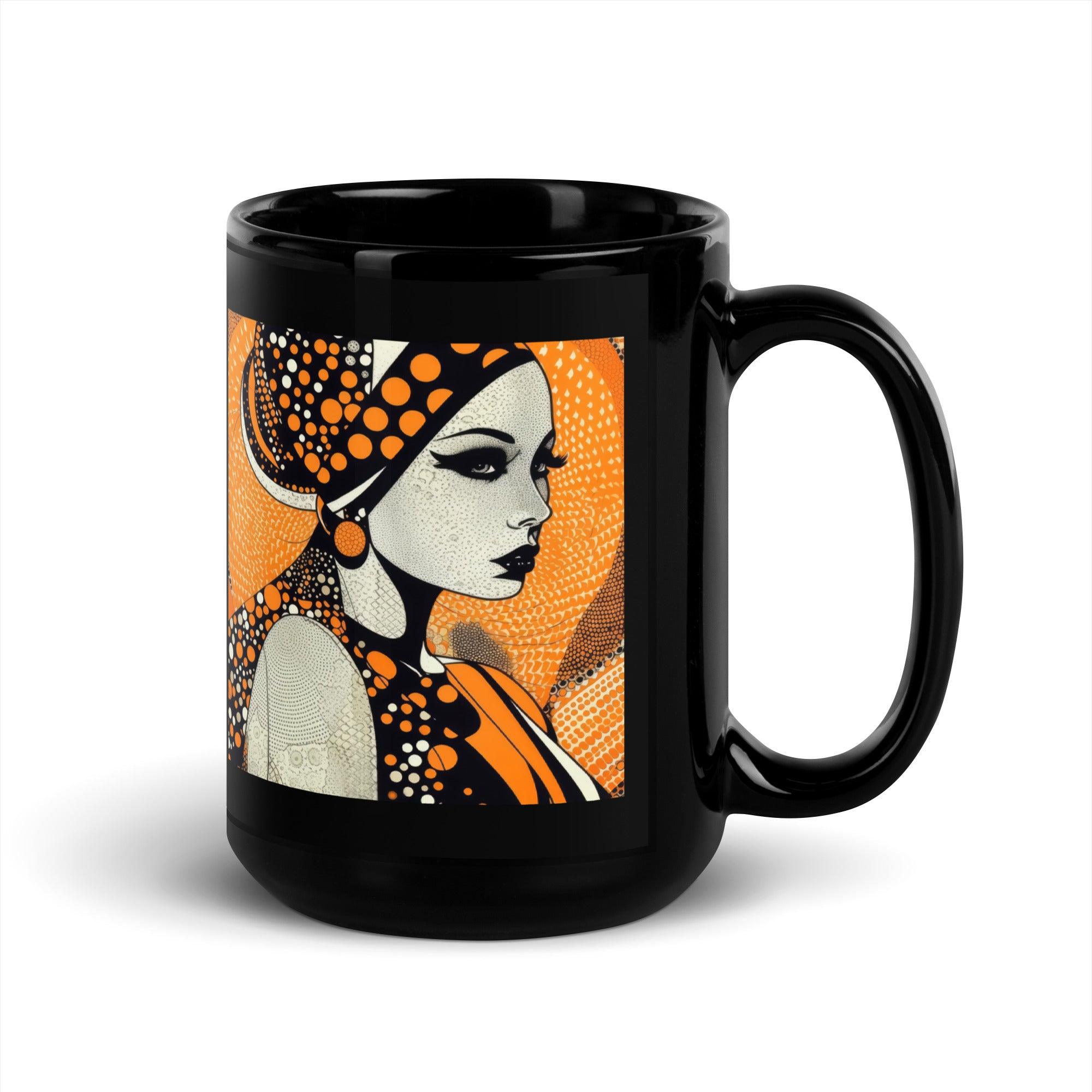 Doodle Dramas Black Glossy Mug in a cozy home setting.