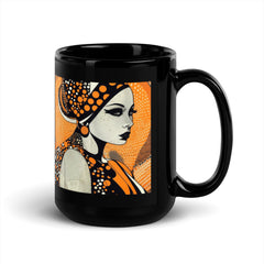 Doodle Dramas Black Glossy Mug in a cozy home setting.