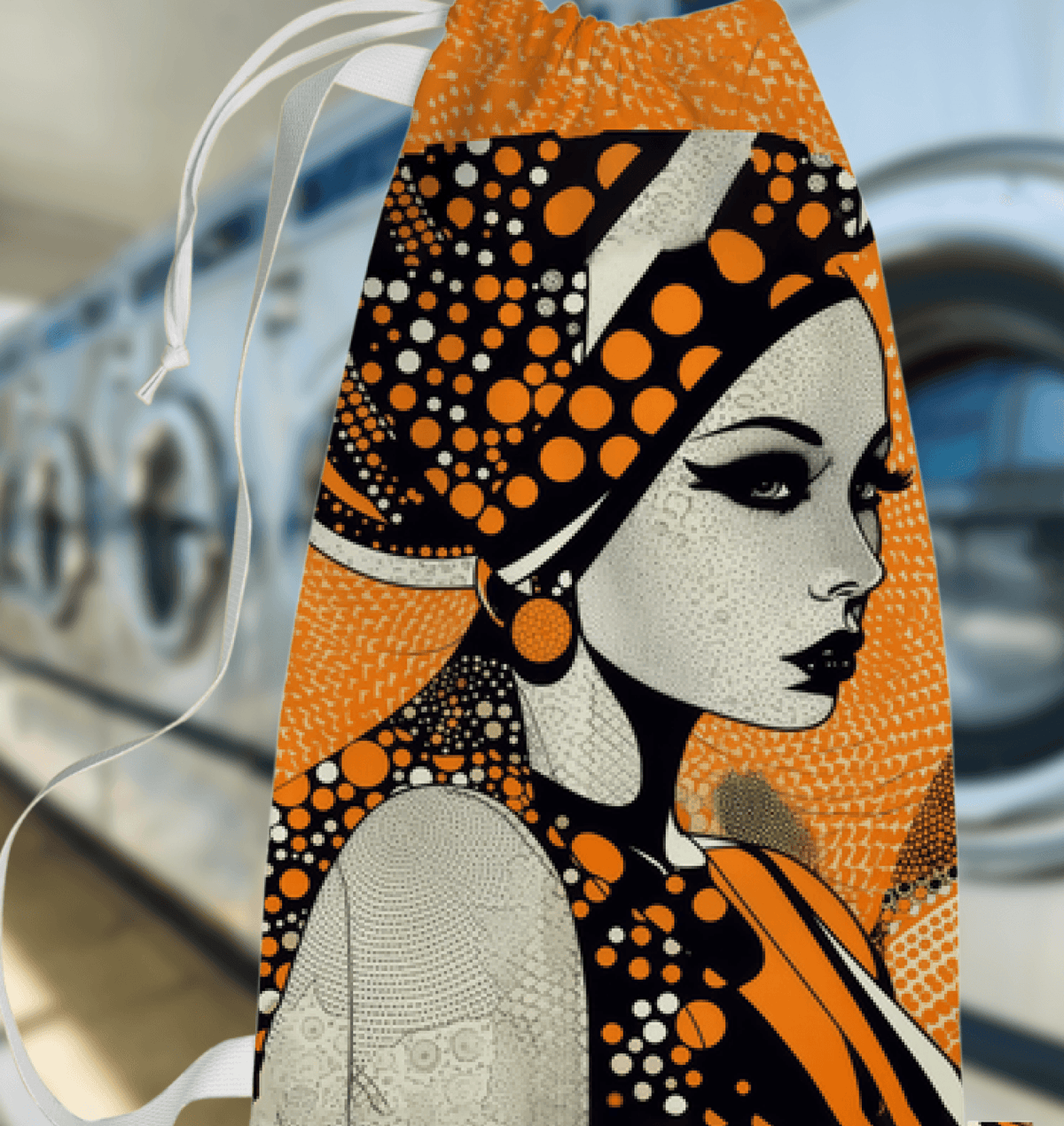 Artistic doodle-designed laundry bag on white background.