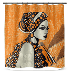 Artistic doodle designs on a shower curtain adding drama to bathroom decor.