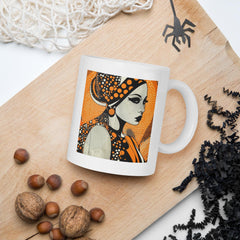 Close-up of Doodle Dramas white glossy mug with artistic doodle designs.