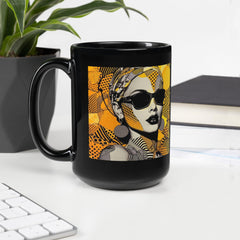 Black glossy mug with doodle dreamscape design