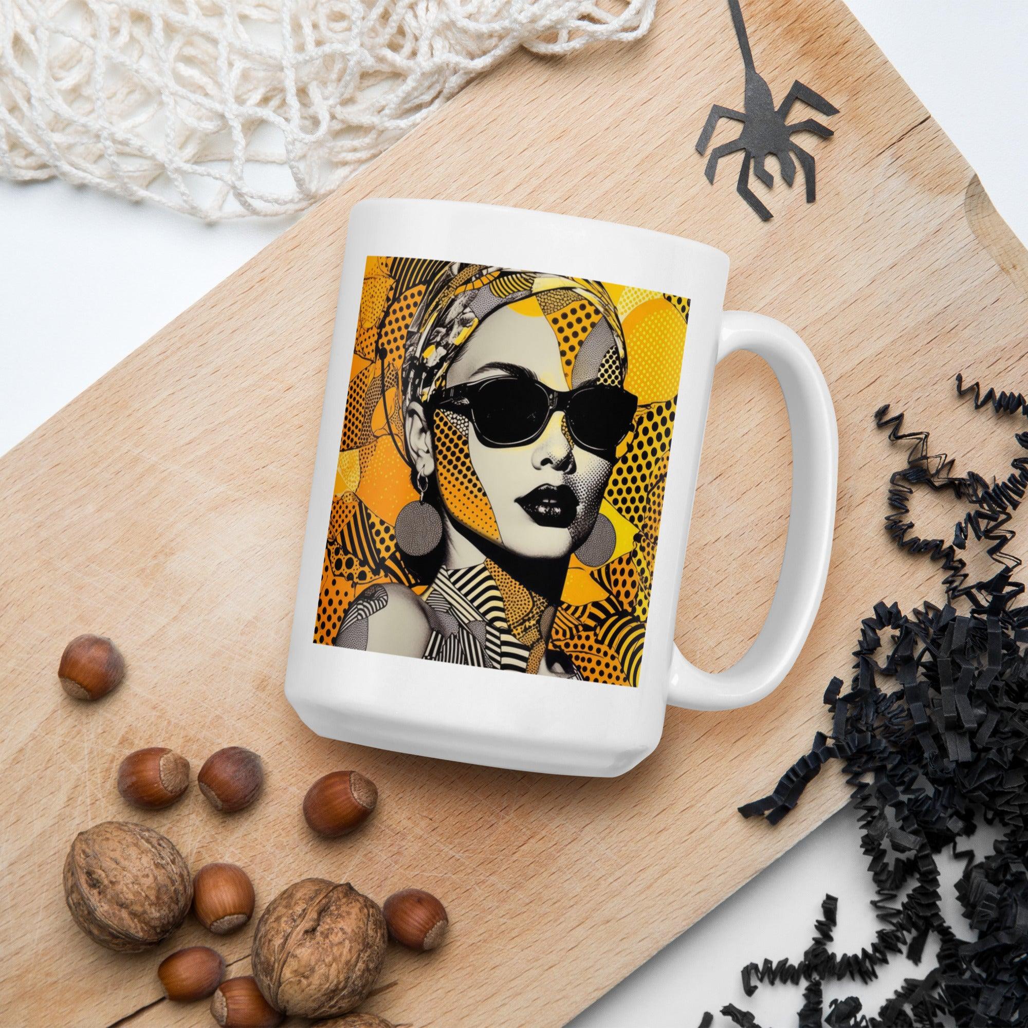 Artistic white glossy mug with doodle dreamscape design.