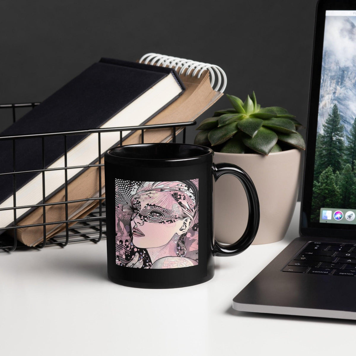 Black glossy mug with doodle dynamics design