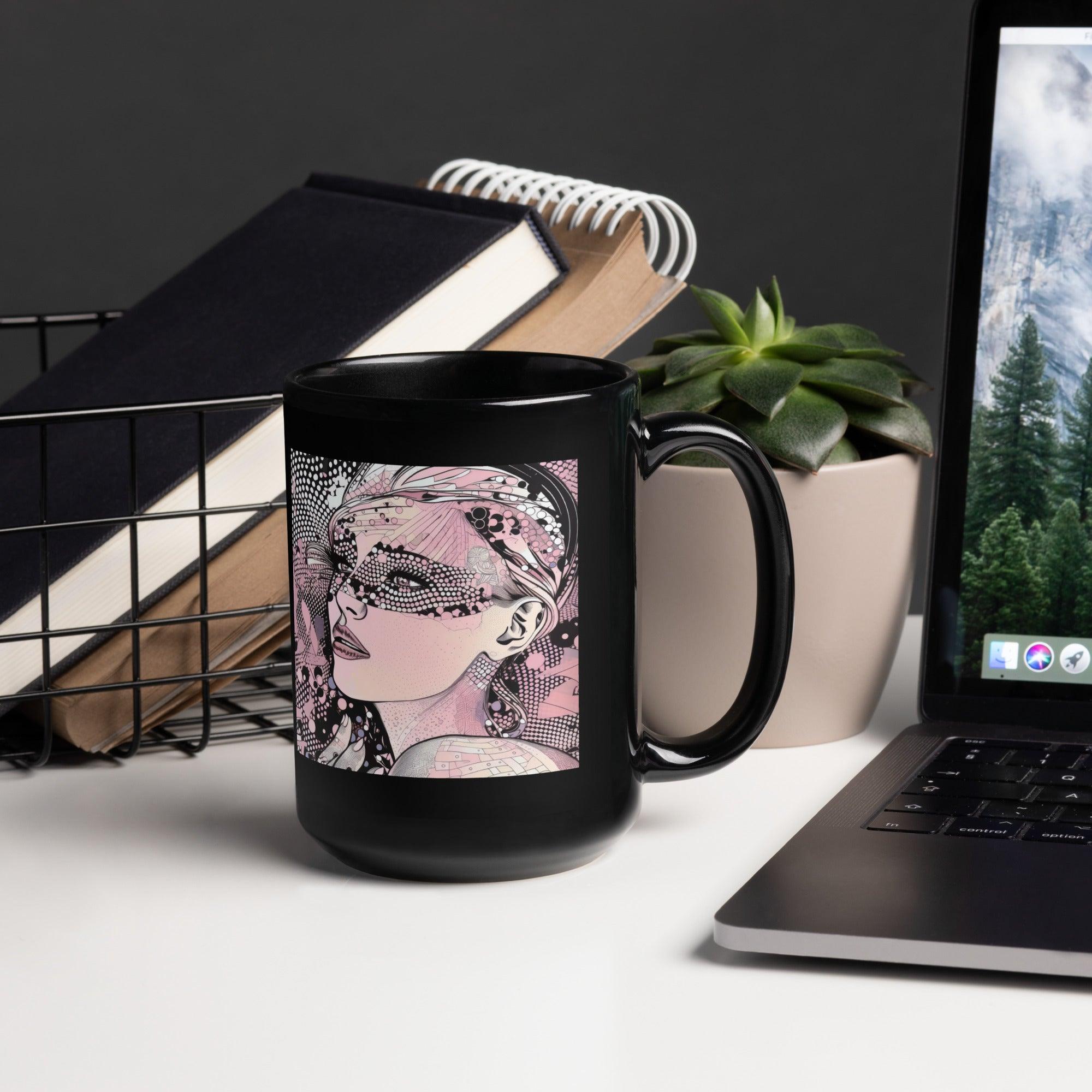 Artistic black coffee mug with white doodles