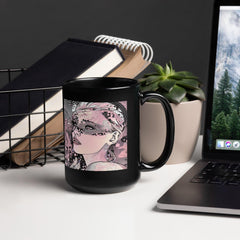 Artistic black coffee mug with white doodles