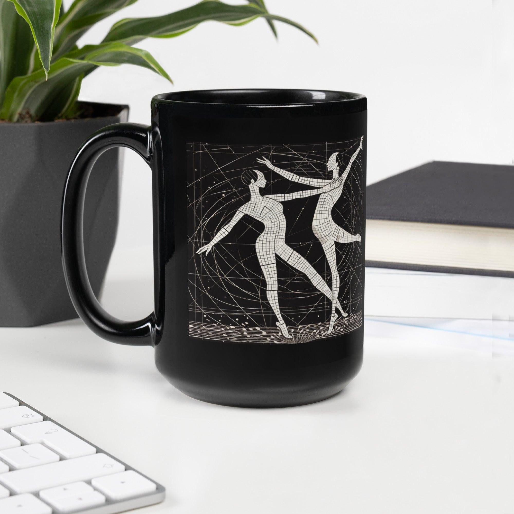 Close-up of Black Glossy Mug with Dramatic Balletic Design.