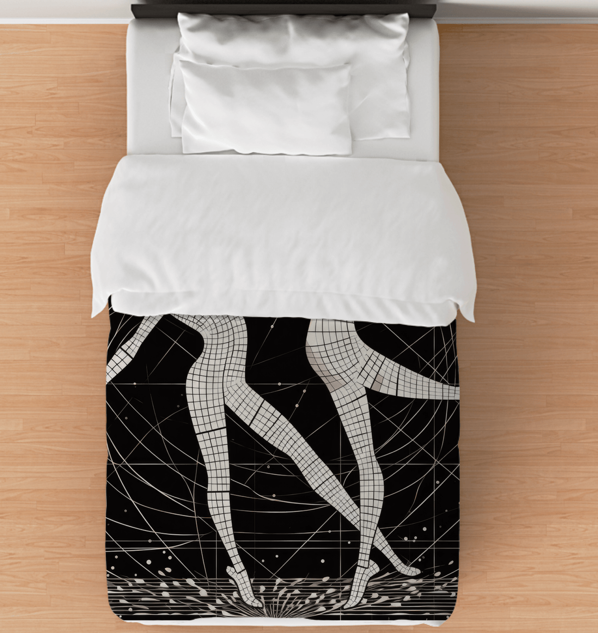 Elegant dramatic balletic style duvet cover on a luxurious bed.