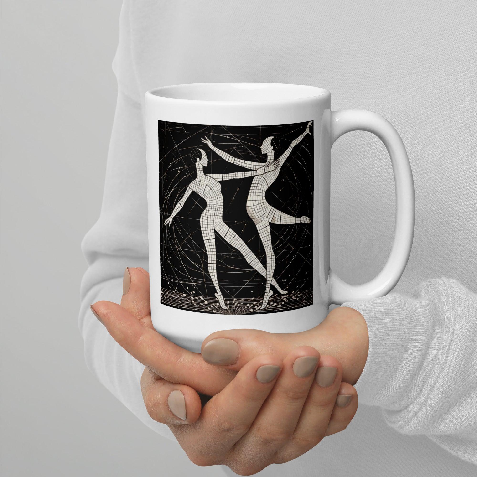 Elegant white glossy mug with dramatic balletic style design.