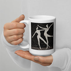 Stylish and elegant white glossy mug with balletic style decoration.