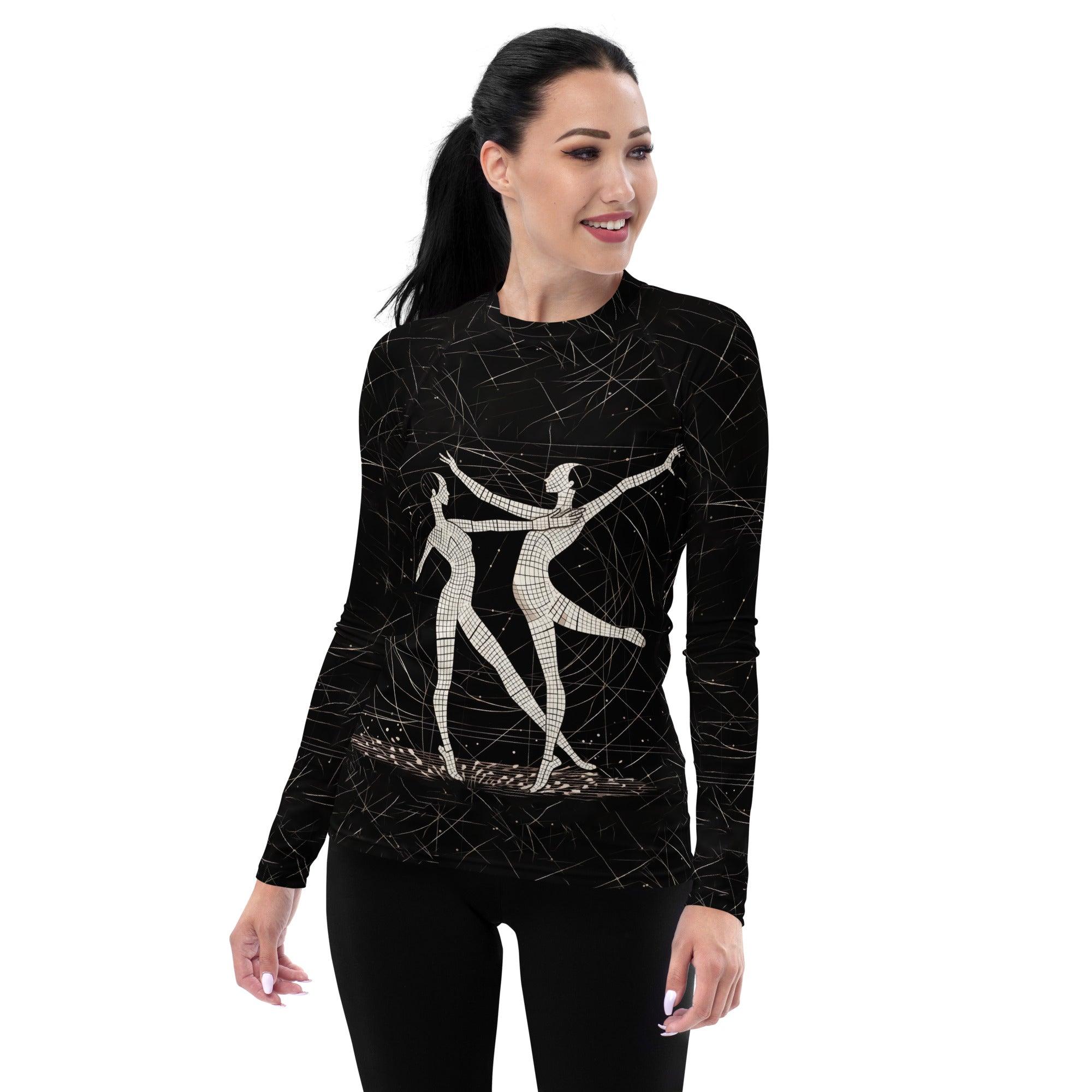 Elegant women's rash guard in a dramatic balletic style for athletic wear.