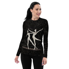 Elegant women's rash guard in a dramatic balletic style for athletic wear.