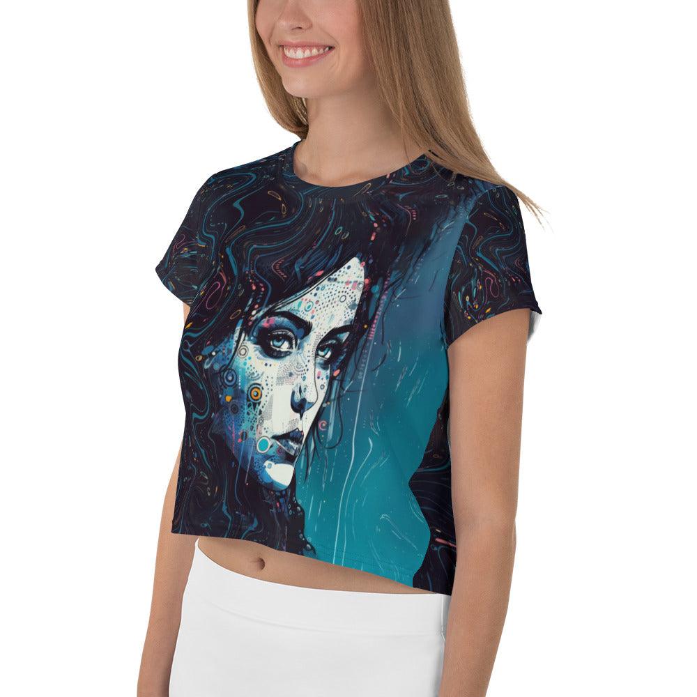 Woman wearing Drawing Delight print crop tee, full view.