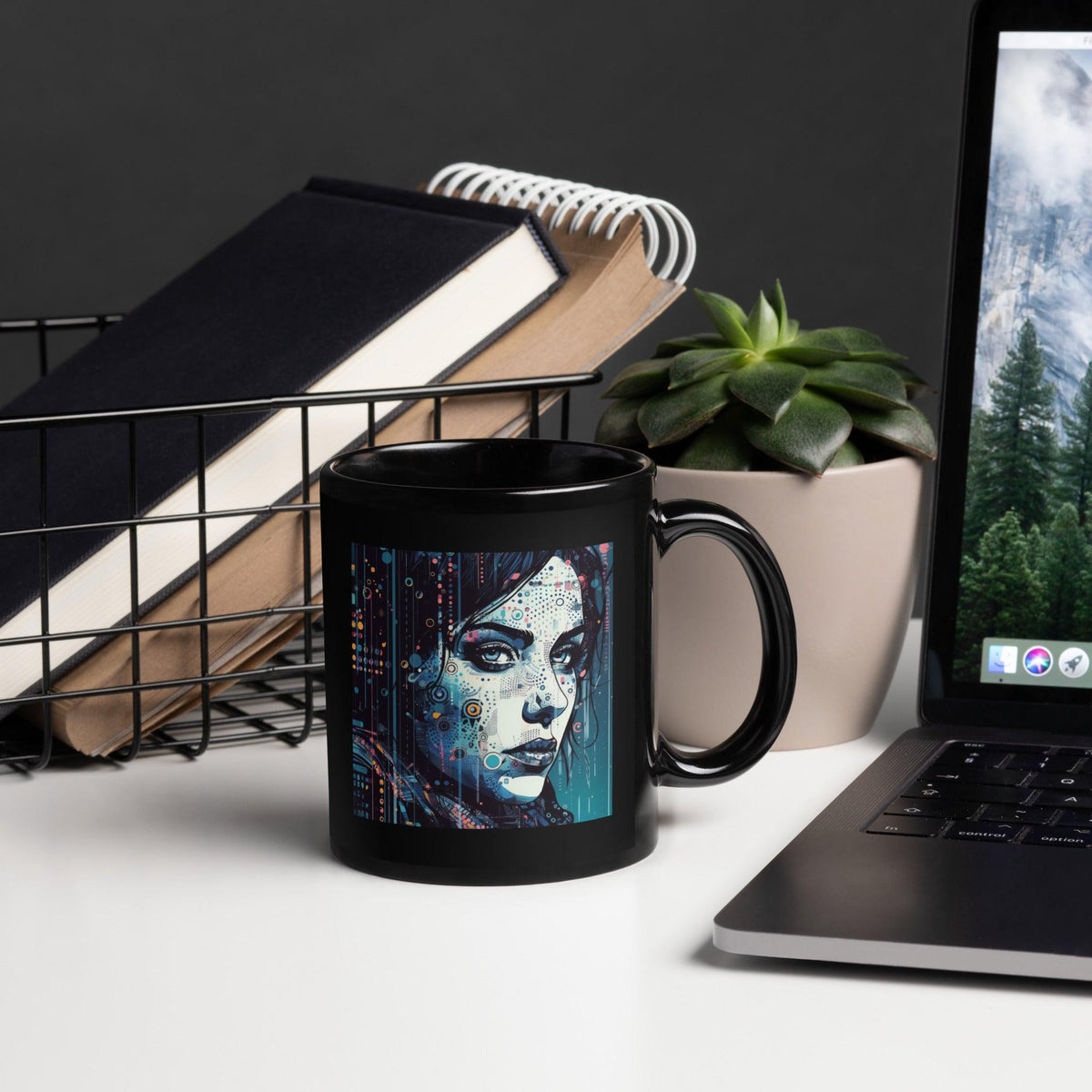 Close-up of Drawing Delight Black Glossy Mug with artistic design.
