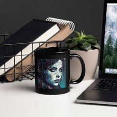 Close-up of Drawing Delight Black Glossy Mug with artistic design.