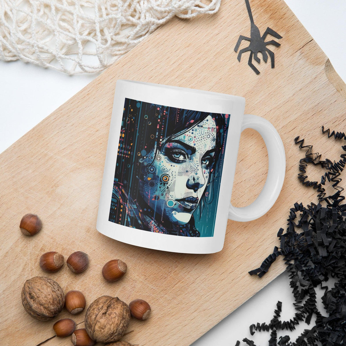 Drawing Delight mug with white glossy finish featuring unique artwork.