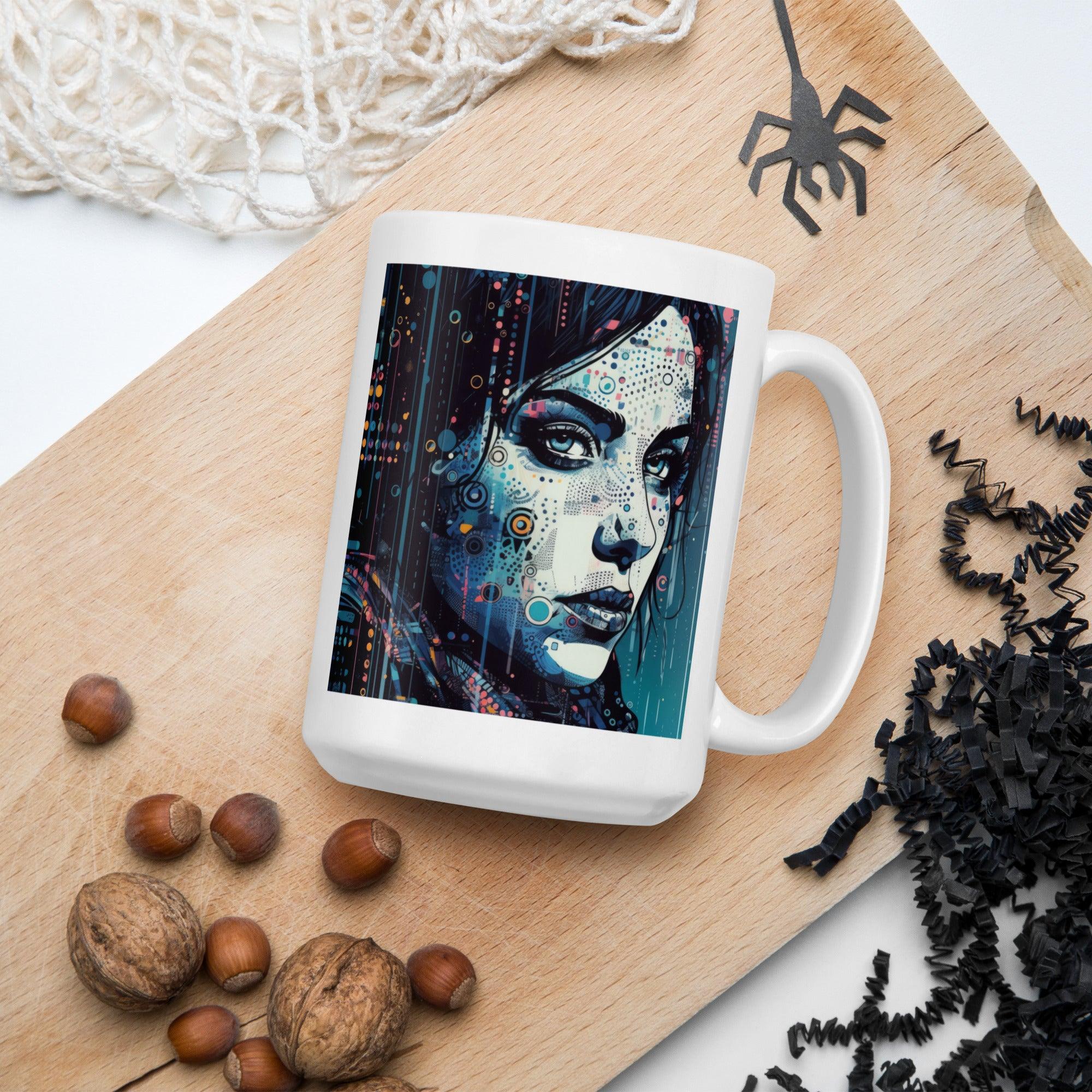 Art-inspired white glossy mug for coffee and tea lovers.