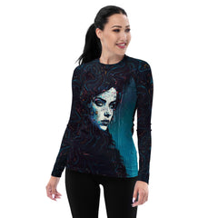 Drawing Delight women's rash guard featuring vibrant art design for water activities.