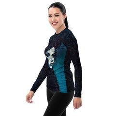 Stylish and protective Drawing Delight women's rash guard for surfing and swimming.