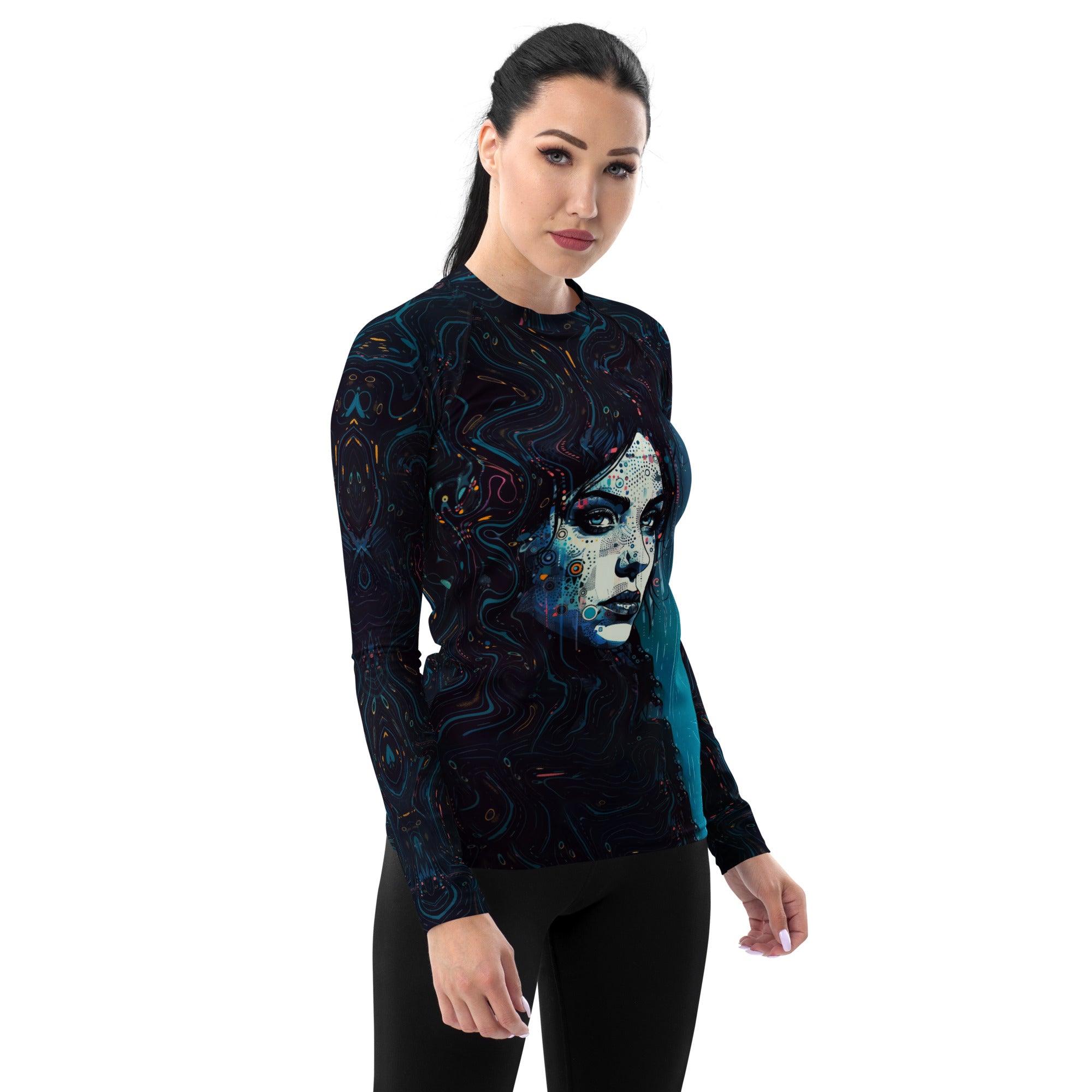 Drawing Delight women's rash guard featuring vibrant art design for water activities.