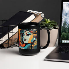 Artistic black coffee mug with glossy finish and intricate patterns.