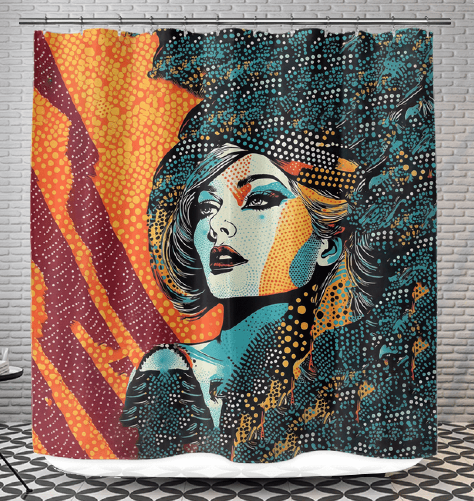 Artistic drawing design shower curtain in a modern bathroom setting.