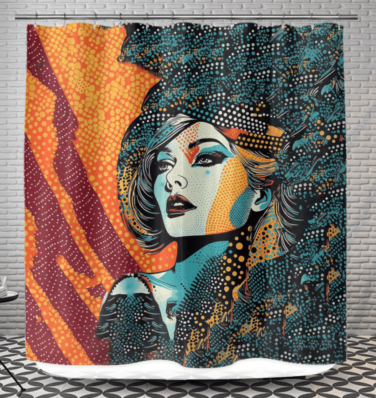 Artistic drawing design shower curtain in a modern bathroom setting.