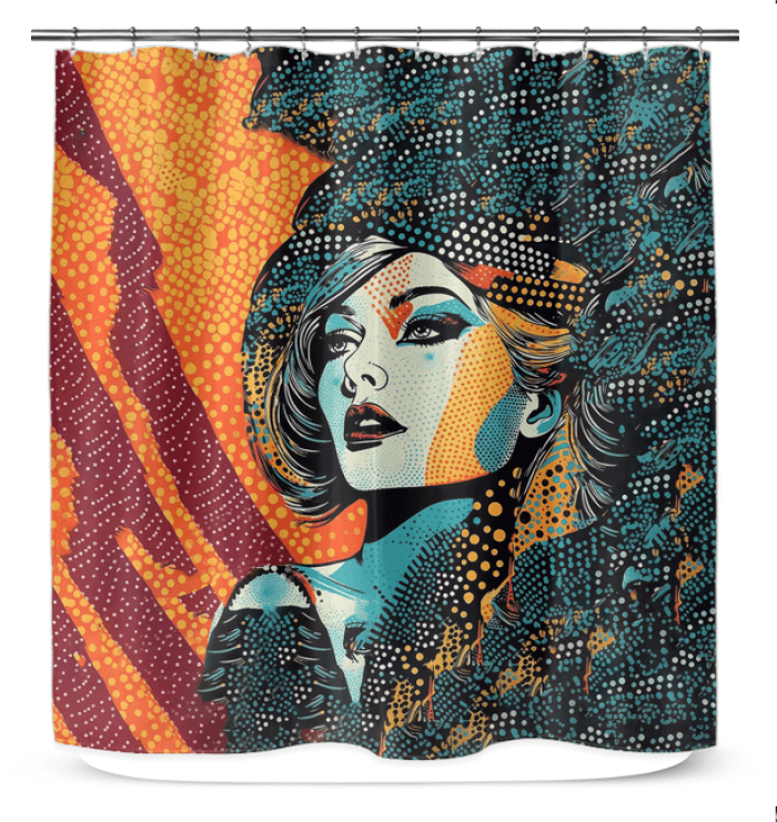 Close-up of shower curtain with unique drawing designs.