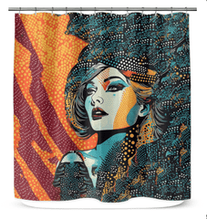 Close-up of shower curtain with unique drawing designs.