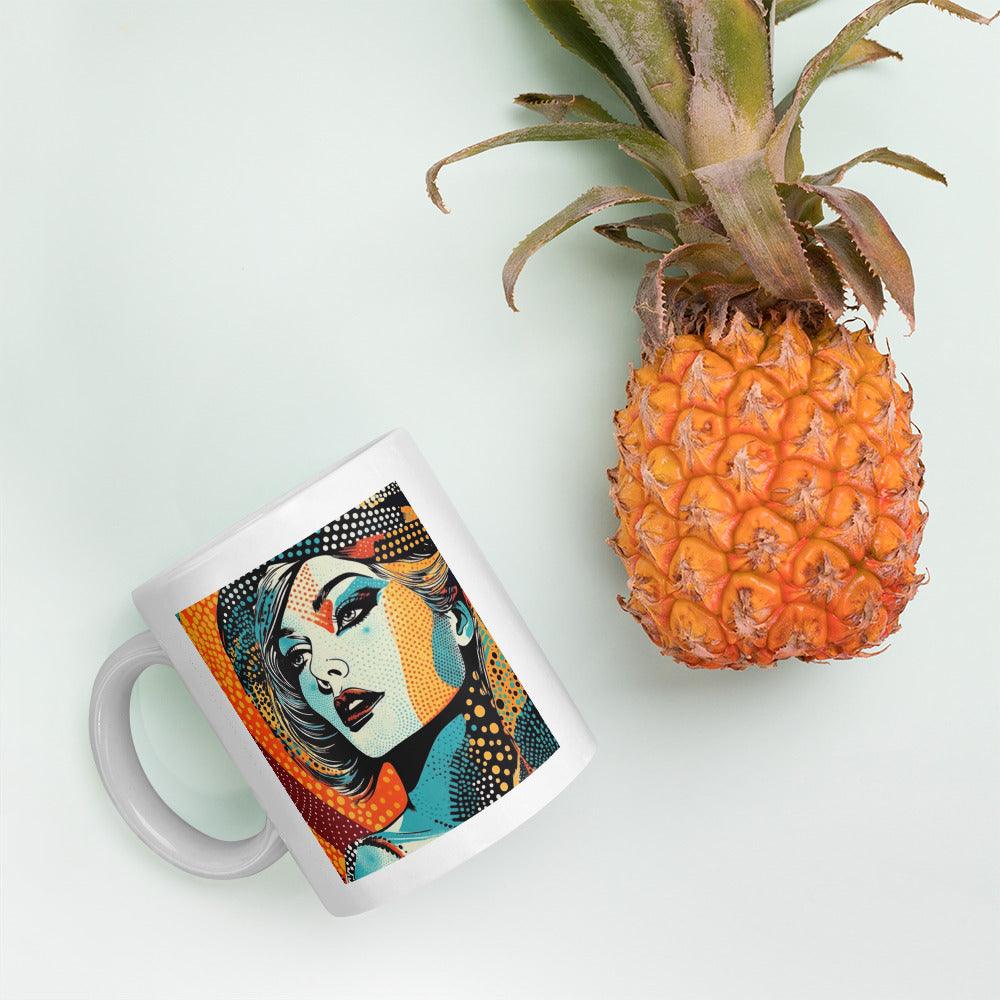 Artistic coffee mug with drawing design on white background.