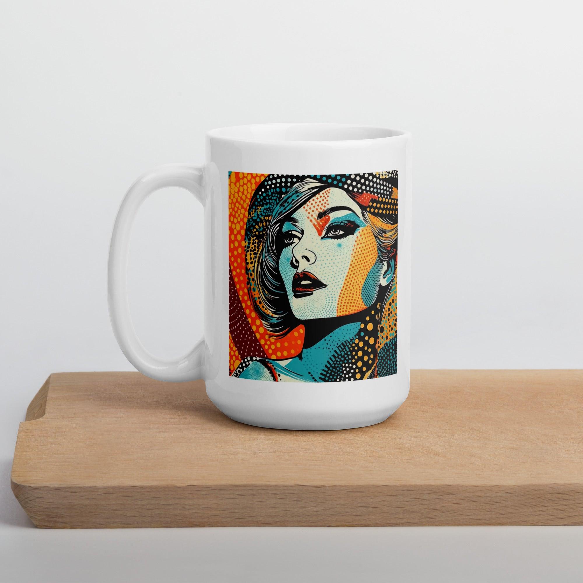 Side view of White Glossy Mug with artistic drawing.