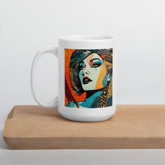 Side view of White Glossy Mug with artistic drawing.