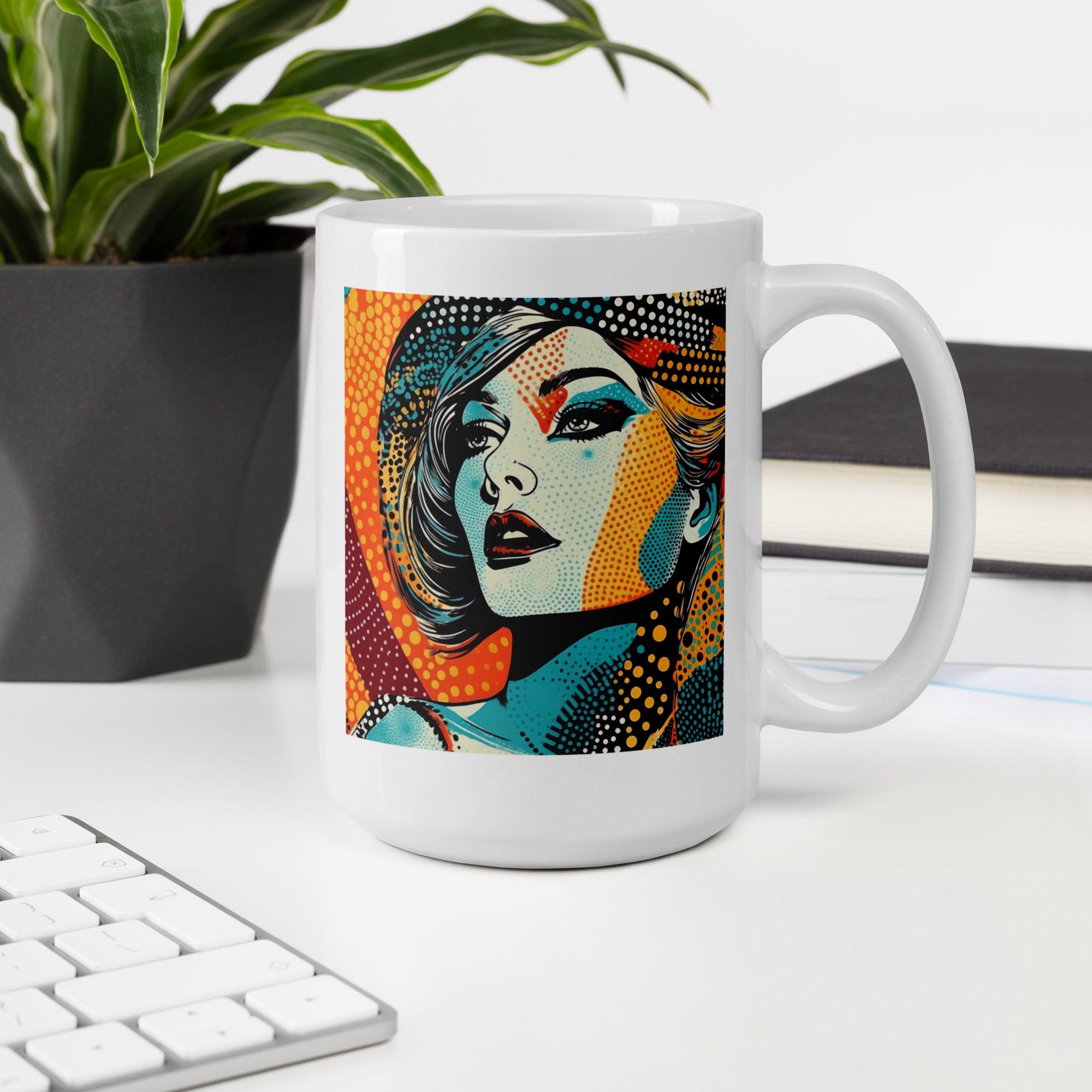 Drawing Design White Glossy Coffee Mug in natural light.