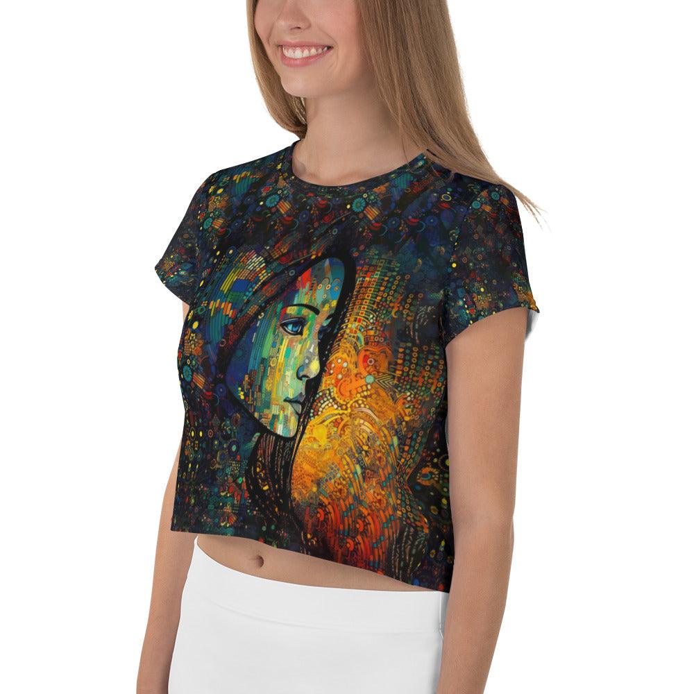 Stylish woman wearing Drawing Dimensions II print crop tee.