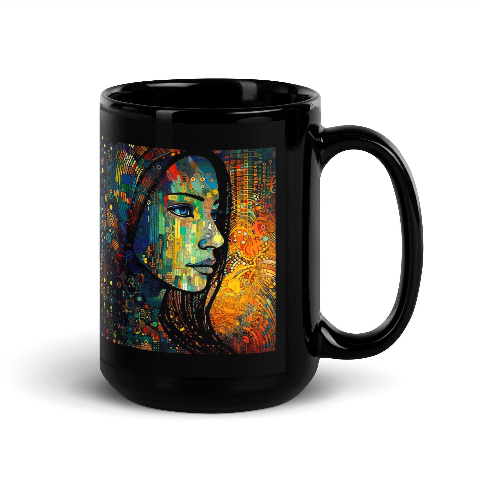 Elegant black glossy coffee mug with Drawing Dimensions II artistic print.