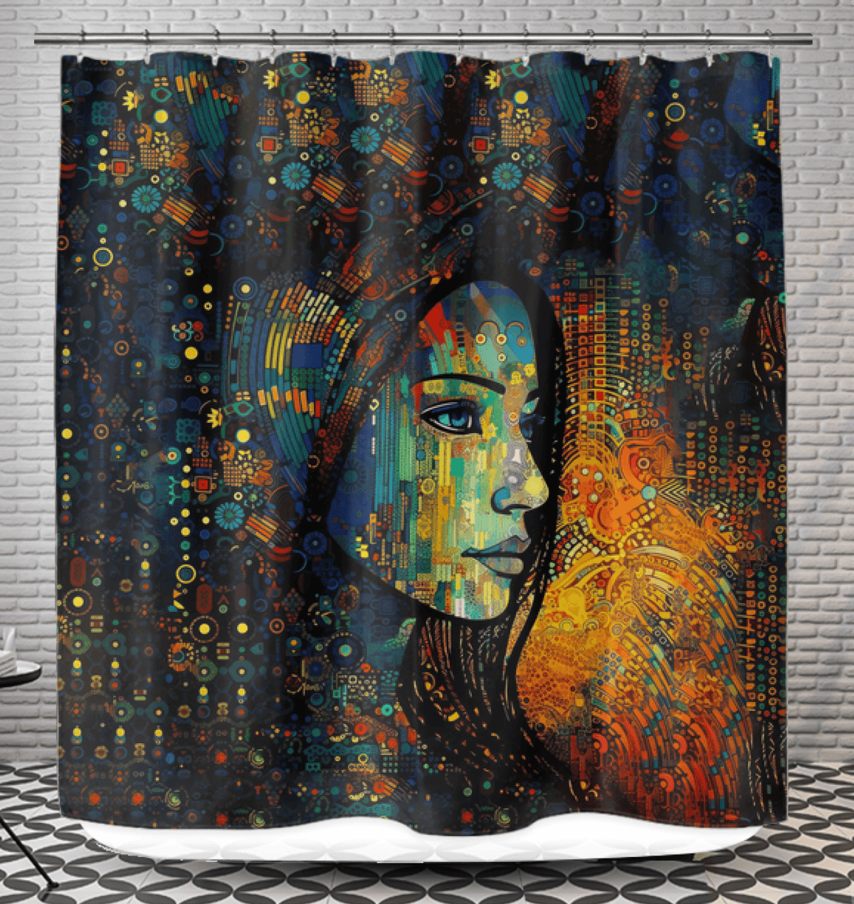 Artistic Drawing Dimensions II Shower Curtain in Bathroom Setting.