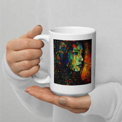 Person holding the Drawing Dimensions II white glossy mug, highlighting its comfortable grip.