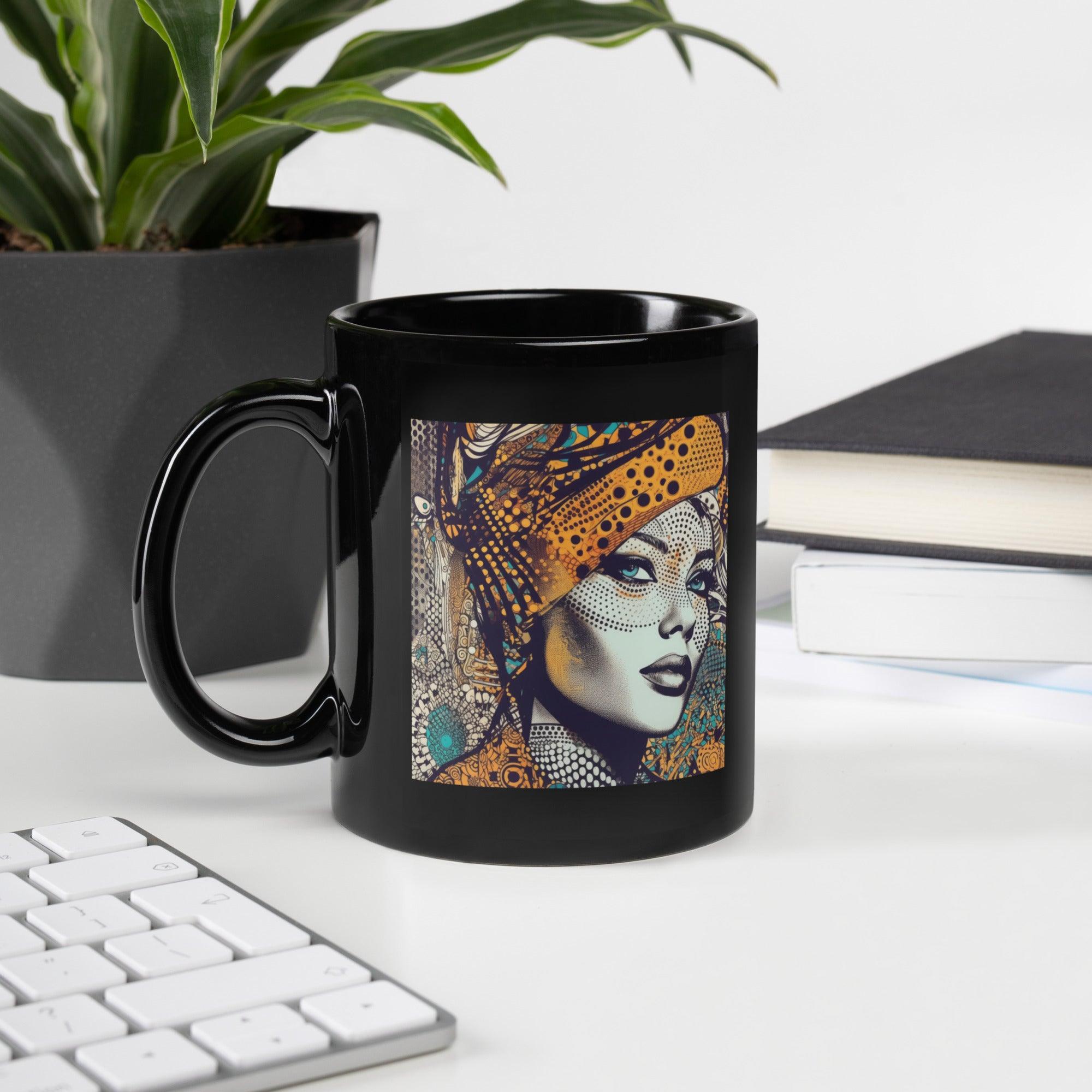 Close-up of Drawing Dynamics Black Glossy Mug.