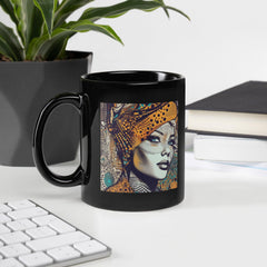 Close-up of Drawing Dynamics Black Glossy Mug.