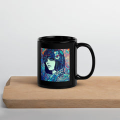 Drawing Dynamics III Black Glossy Mug front view on white background.