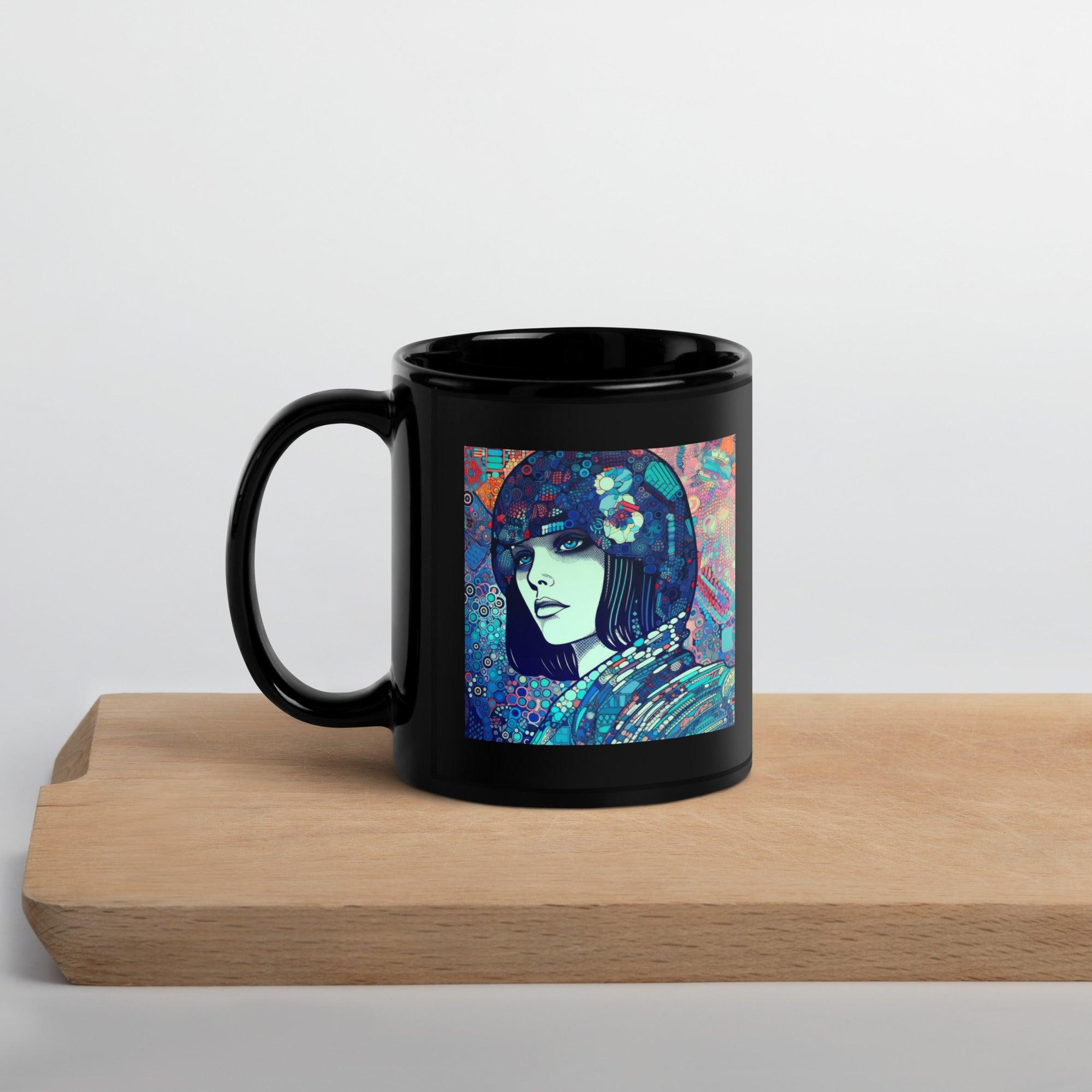 Drawing Dynamics III Black Mug filled with coffee, art-themed kitchen.
