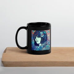 Drawing Dynamics III Black Mug filled with coffee, art-themed kitchen.