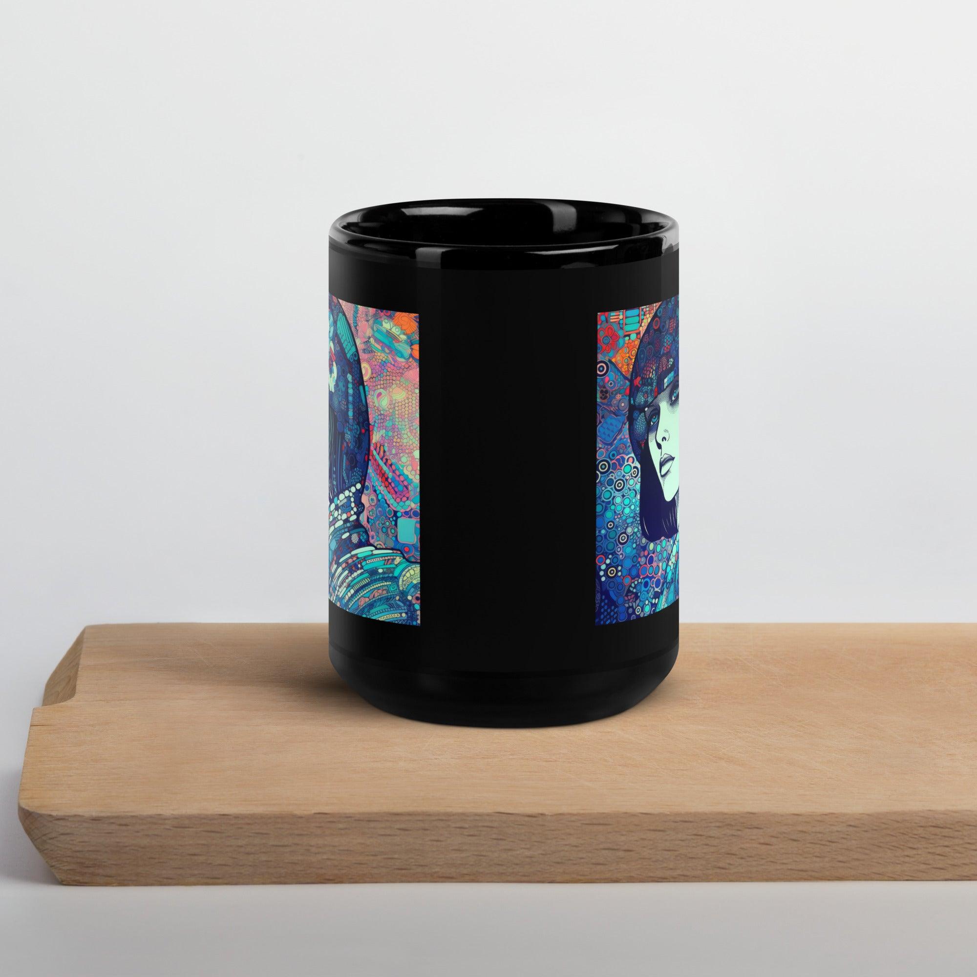 Elegant black glossy mug with Drawing Dynamics III design, side view.