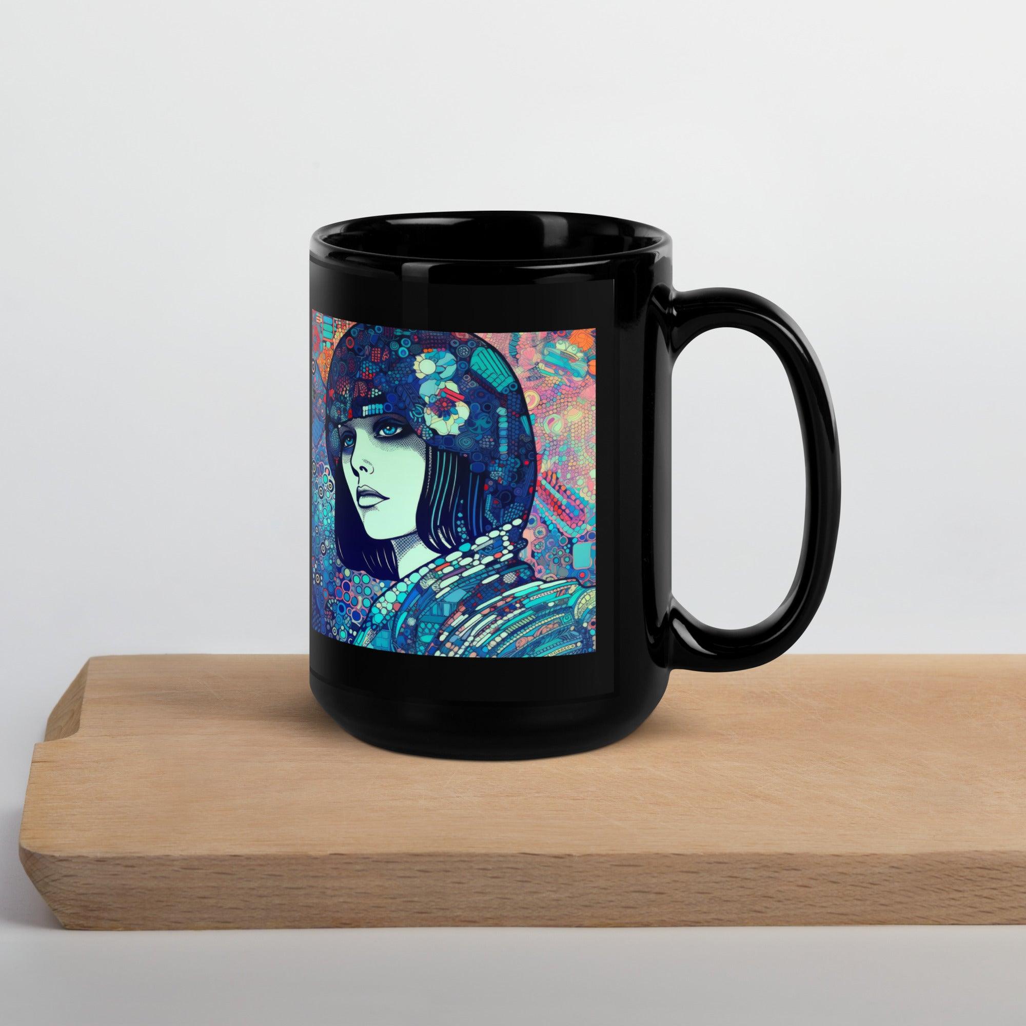 Black glossy coffee mug with Drawing Dynamics III artwork, gift idea.